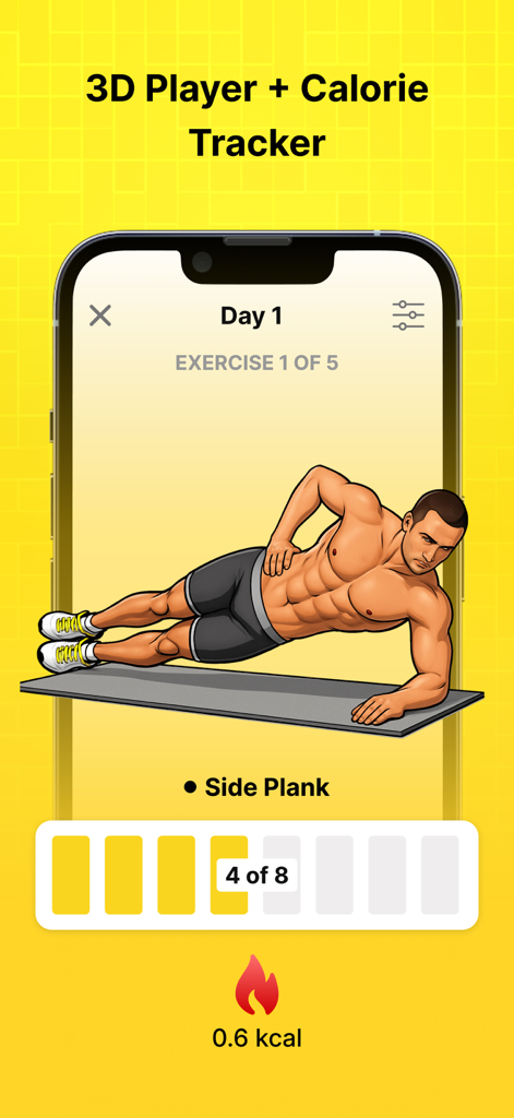 30 day Fitness Coach at home - 3D fitness coach app showing a side plank exercise and calorie tracker
