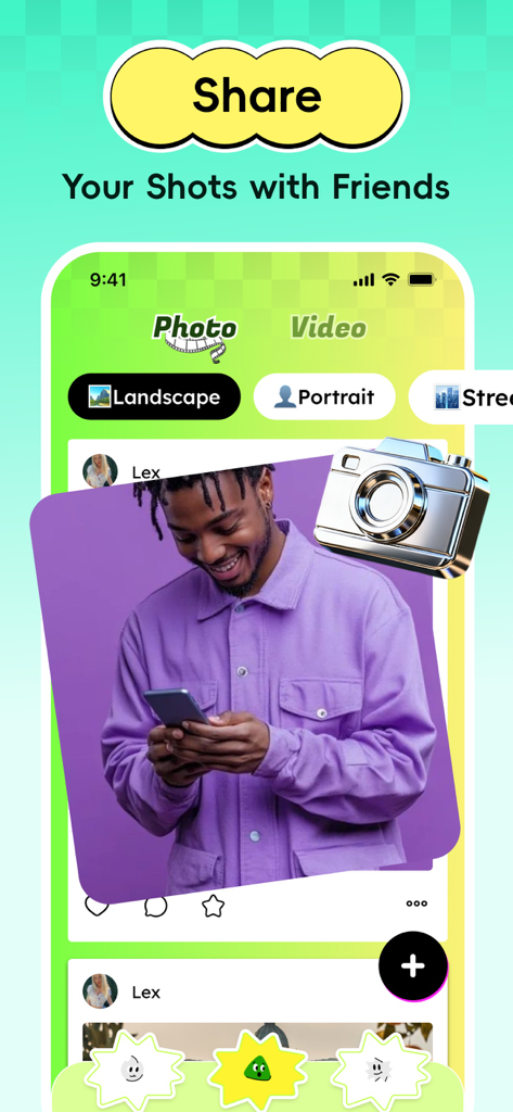 Camil app interface displaying a social feed for sharing photos and videos with categories like landscape and portrait