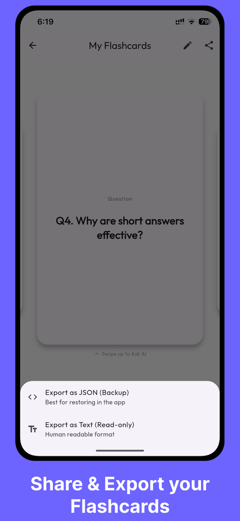 AI Flashcards - Smart Study - AI Flashcards app interface showing options to export study decks as JSON or text format