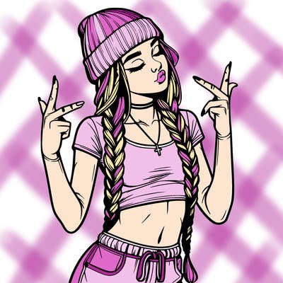 realistic teenage girl with braids and a beanie and crop top doing 🫶🏼
