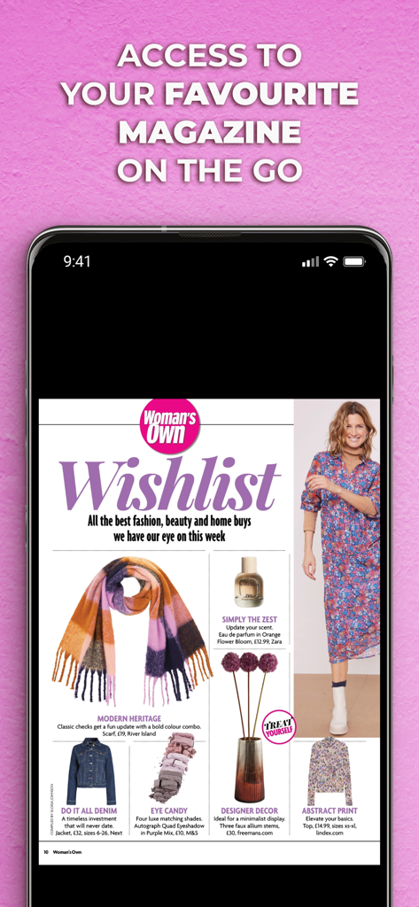 Woman's Own Magazine app on a smartphone showing a wishlist of fashion and beauty products