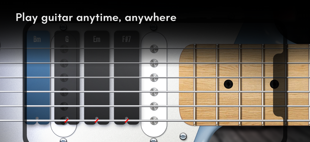 Real Guitar: lessons & chords - A virtual electric guitar interface on a mobile device showing strings and chord buttons