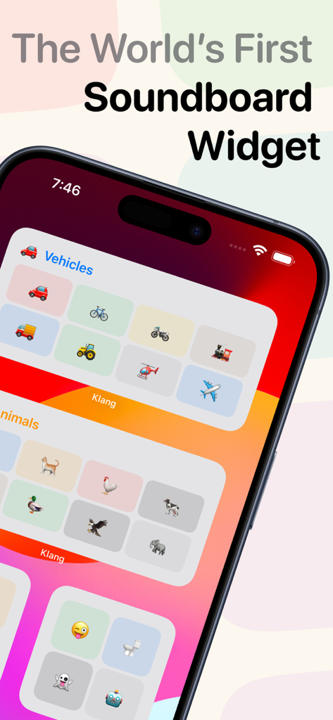 Klang - Sound Board Widget - iPhone home screen displaying interactive soundboard widgets with vehicle and animal icons