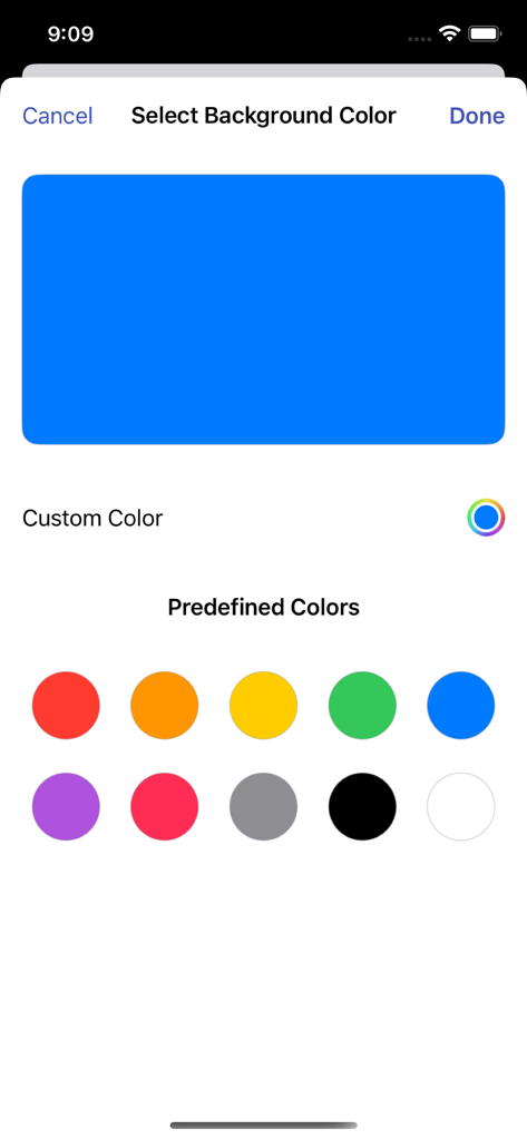 Interface pour choisir une couleur d'arrière-plan unie parmi les options prédéfinies ou personnalisées dans l'application de conversion audio en vidéo