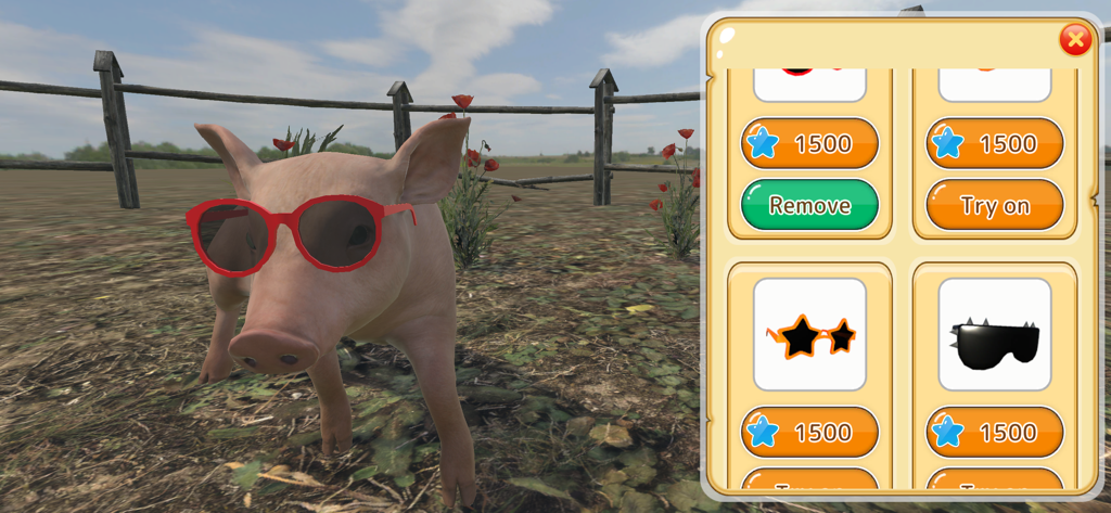 Piglet Garden - A mini pig wearing red sunglasses in a garden with an accessory selection menu