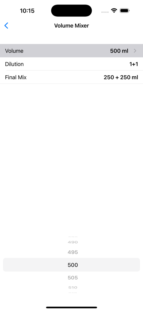 Massive Dev Chart Timer - A screenshot of the Volume Mixer screen in the Massive Dev Chart Timer app showing chemical dilution calculations for film photography.