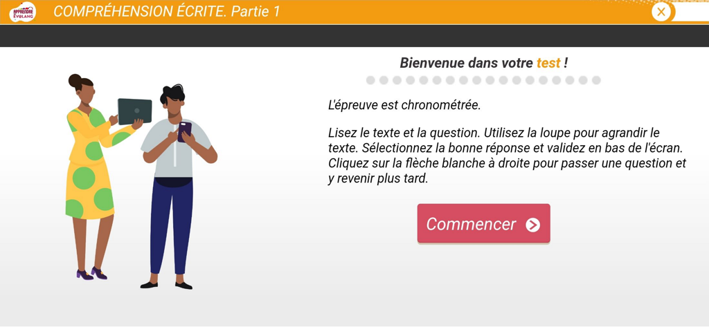 APPRENDRE Ev@lang - Introductory screen for the reading comprehension section of the APPRENDRE Ev@lang French assessment test.
