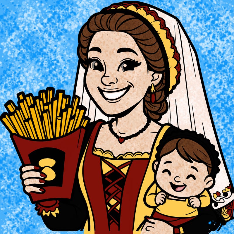 dutch woman with fries in her hand smiling bride with her child