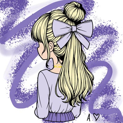 realistic girl  with hip length hair a bun and a big bow on the back of head