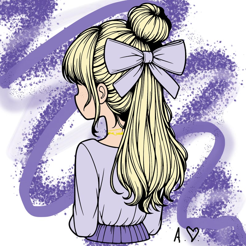 realistic girl  with hip length hair a bun and a big bow on the back of head