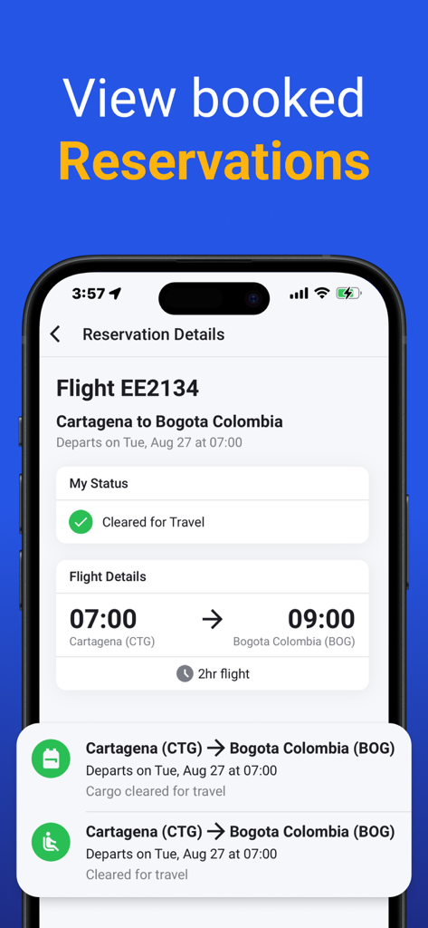 Smartphone screen showing flight reservation details and travel clearance status in the OneMobile Passenger app