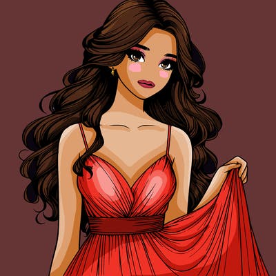 realistic girl in flowy silky prom dress