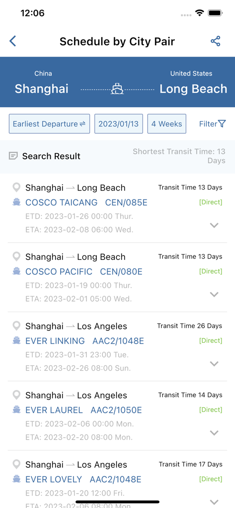 COSCO SHIPPING Lines - Vessel schedule search results from Shanghai to Long Beach in the COSCO SHIPPING Lines mobile app showing ETD and ETA.