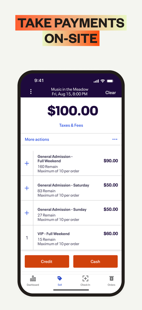 Eventbrite Organizer - Eventbrite Organizer app interface showing the on-site ticket sales screen with options for credit or cash payments.