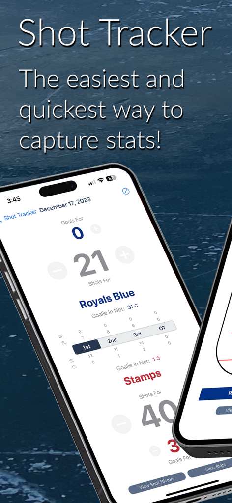 iPhone displaying real time hockey game statistics like shots and goals within the Shot Tracker app interface