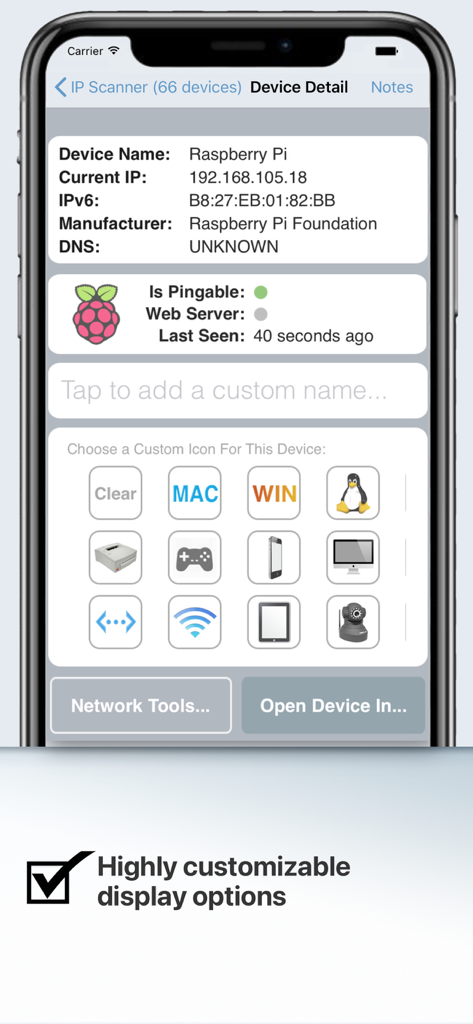 IP Scanner Ultra - IP 스캐너 울트라 화면에 Raspberry Pi의 네트워크 장치 세부 정보와 사용자 지정 아이콘을 선택하는 옵션이 표시됨