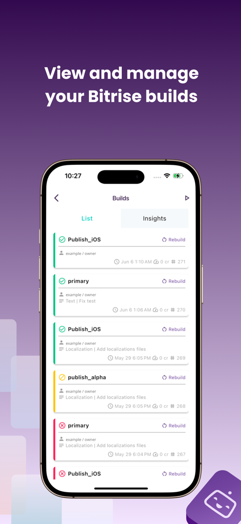 BitMagic - Mobile screen showing a list of Bitrise CI builds with status indicators and rebuild options in the BitMagic app