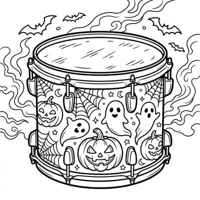 Get ready to drum up some Halloween fun with this unique coloring page! Featuring a tom-tom drum adorned with grinning pumpkins, playful ghosts, and intricate spiderwebs, it's perfect for all ages.