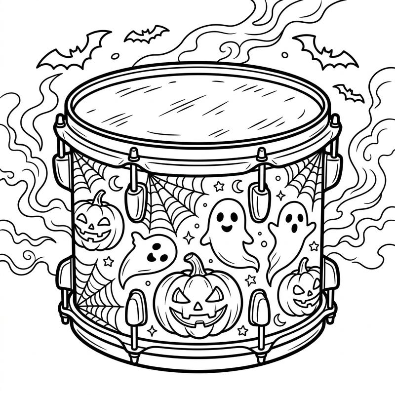 Get ready to drum up some Halloween fun with this unique coloring page! Featuring a tom-tom drum adorned with grinning pumpkins, playful ghosts, and intricate spiderwebs, it's perfect for all ages.