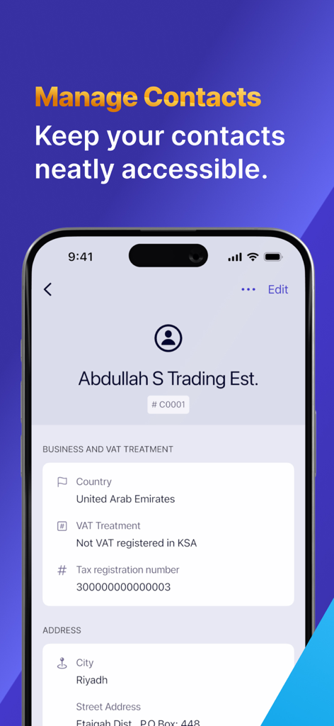 Wafeq Accounting & e-invoicing - Mobile screen showing contact management with VAT and tax registration details for a business in the MENA region