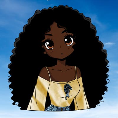 a black anime girl with long afro hair
