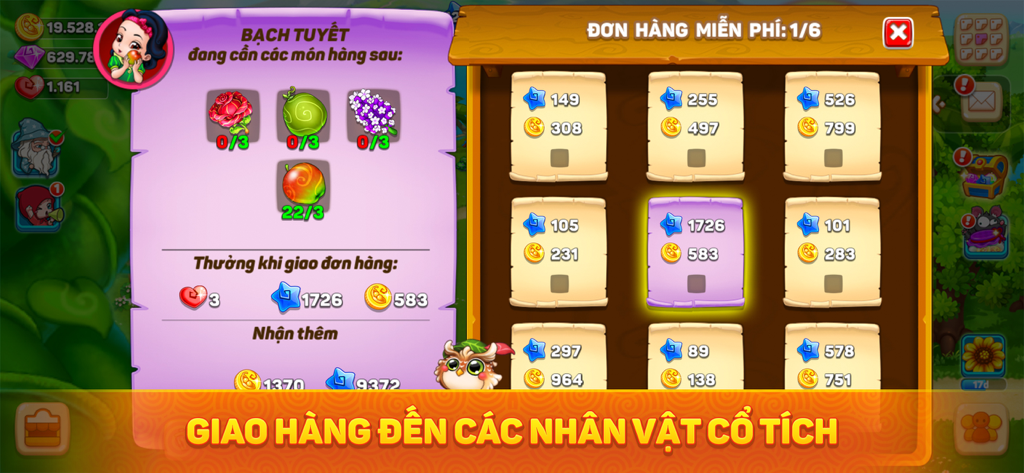 Khu Vườn Trên Mây - Sky Garden - Order delivery interface in the Sky Garden mobile game showing fairy tale character requests