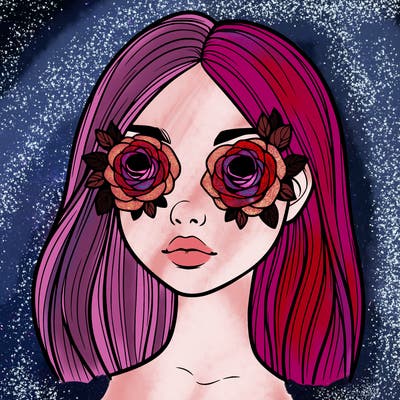 a realistic girl with roses for eyes