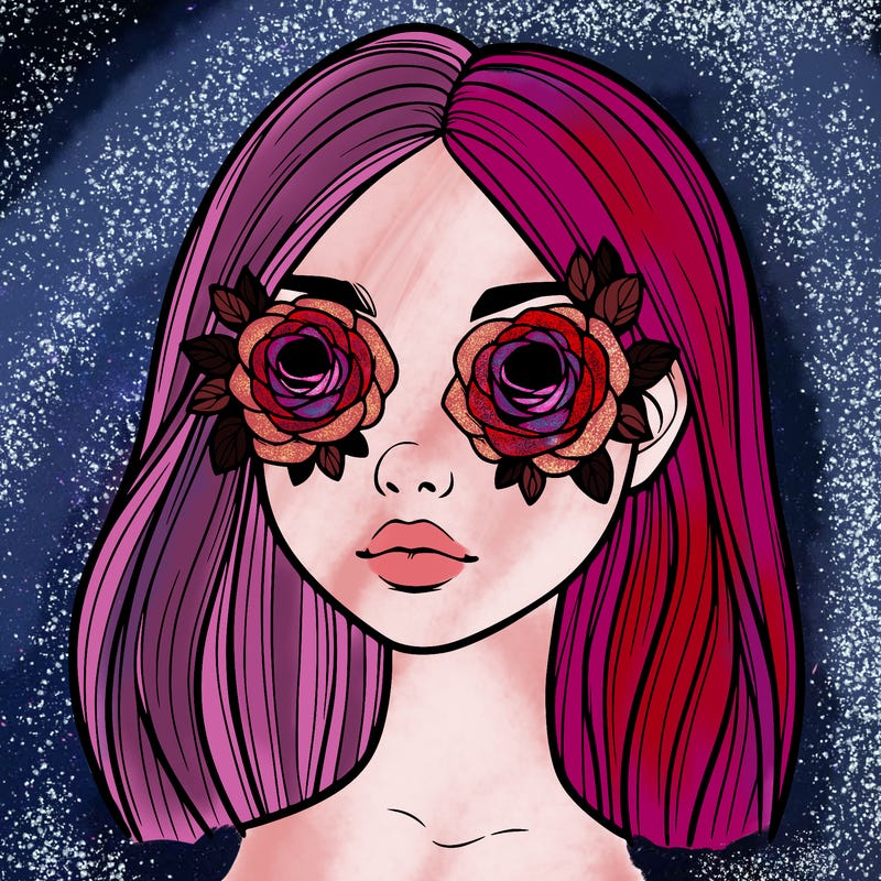 a realistic girl with roses for eyes