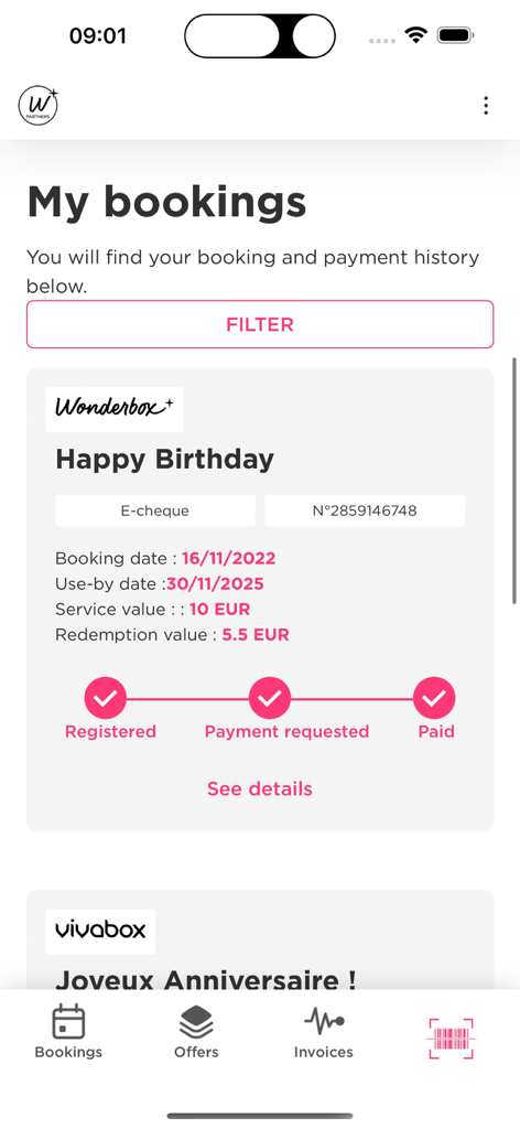 Wonderbox Partners - Écran de l'application mobile montrant une liste de réservations et leur statut de paiement dans l'application Partenaires Wonderbox