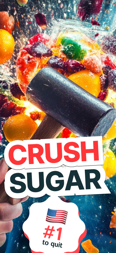 Quit Sugar Detox: BYEBYE SUGAR - A mallet smashing colorful candy with text saying Crush Sugar