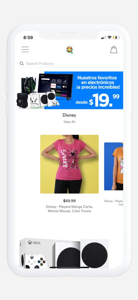 Waldo's Shop. - Waldo's Shop app home screen showing Disney apparel and electronics deals