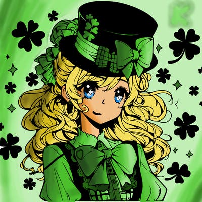 a manga-style girl with clovers around her, a little hat in her hair, like it's saint patrick's day