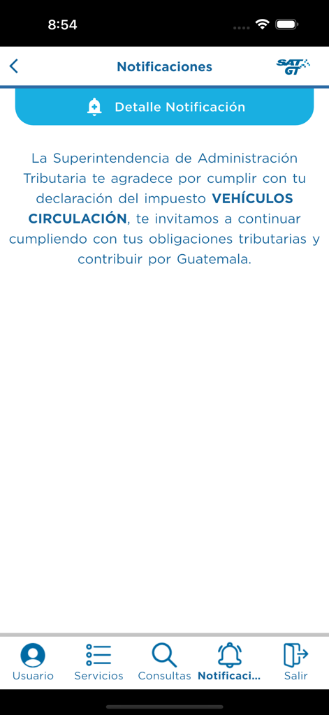 SAT GT - SAT GT app notification confirming vehicle circulation tax payment