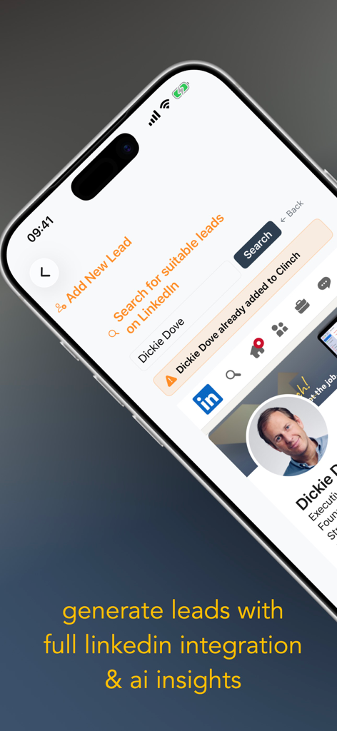 Clinch! - Interface of the Clinch app showing how to search and add job leads from LinkedIn