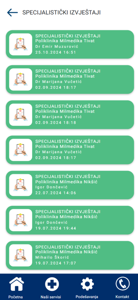 POLIKLINIKA MILMEDIKA - Specialist medical reports list on the Poliklinika Milmedika app interface