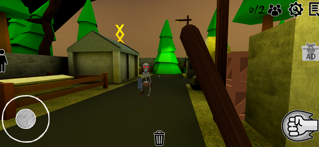 Grandpa And Granny Adventures - A first person view of a player facing a skeleton enemy with glowing red eyes in a 3D environment