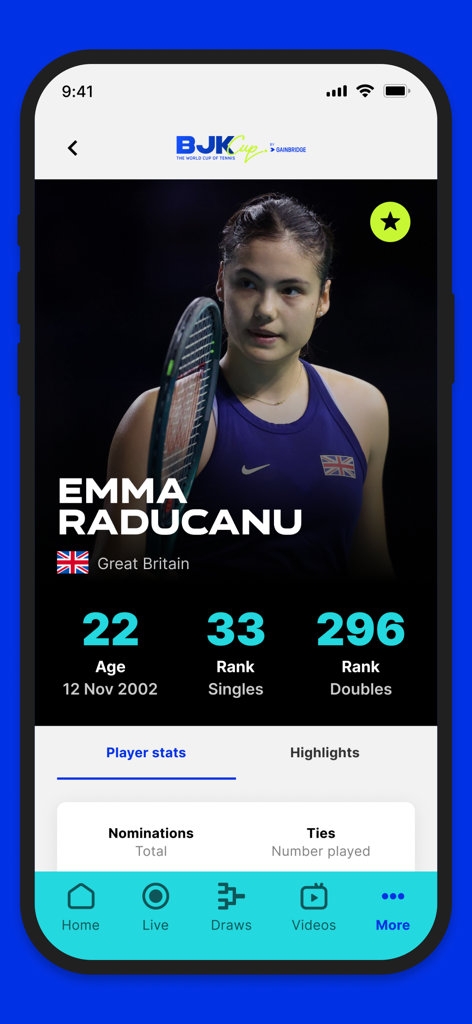 Davis Cup & BJK Cup - Emma Raducanu player profile in the Billie Jean King Cup app showing tennis rankings and stats