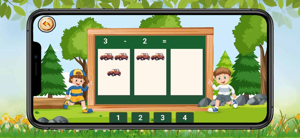 Basic maths learn - A subtraction problem screen in the Basic maths learn app featuring toy cars for visual counting.