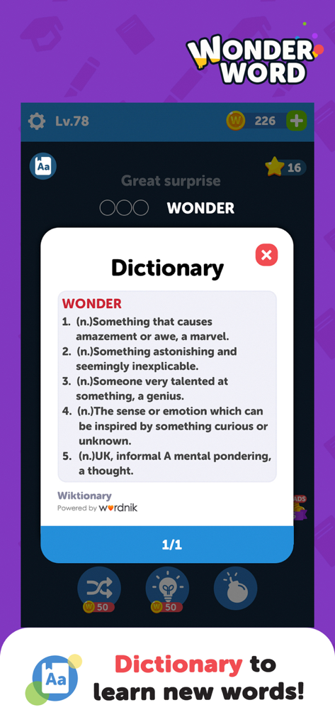 Wonder Word: Word Search Games - Ventana emergente del diccionario en el juego que muestra la definición de la palabra wonder en la aplicación Wonder Word.