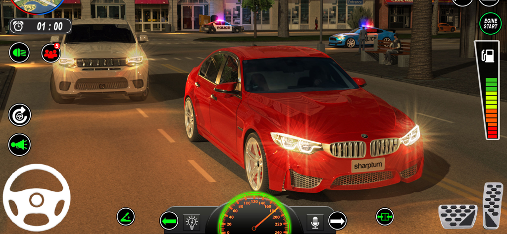 Real Car Driving 3D Car Games - Ein roter Sportwagen fährt nachts in einer Stadt mit Spielsteuerung und Tachometer.