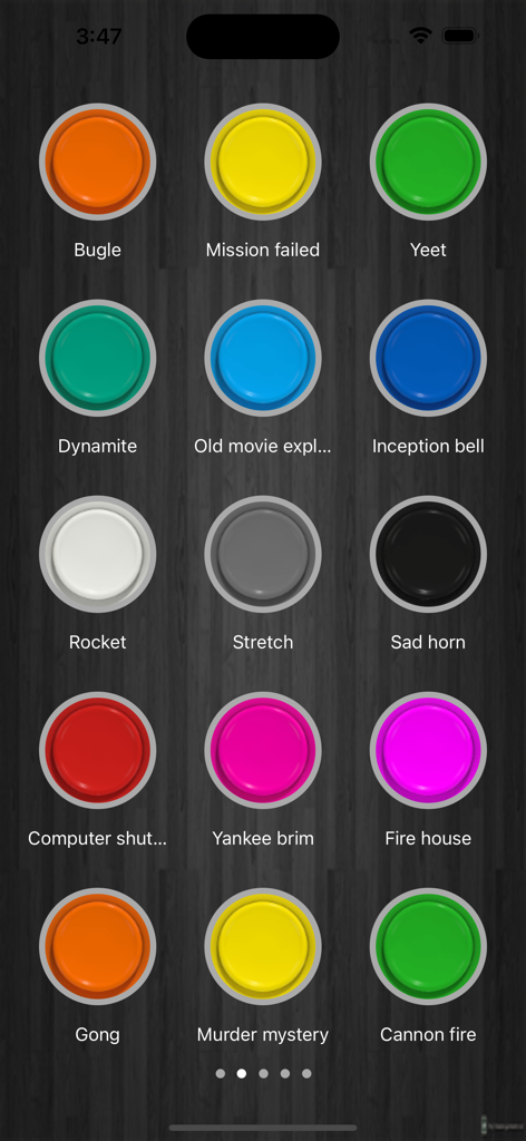 Grade de botões circulares coloridos representando diferentes efeitos sonoros como Yeet e Sad horn