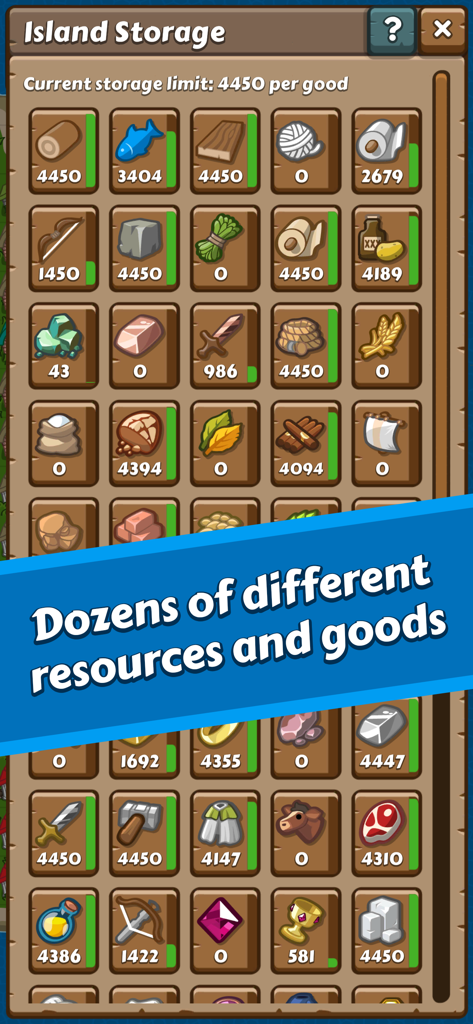 Paragon Pioneers - Una cuadrícula de varios iconos de recursos y bienes de producción en el menú de almacenamiento de la isla de Paragon Pioneers