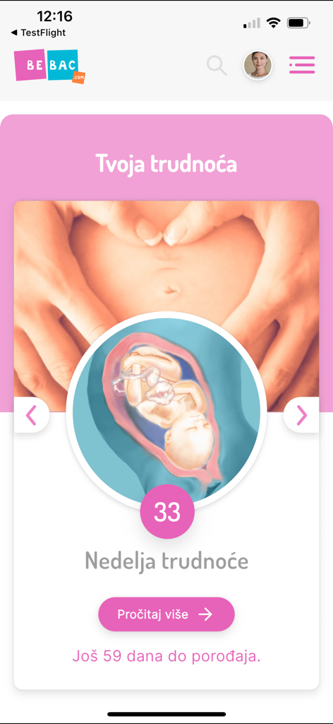 Bebac - Interface of the Bebac app showing pregnancy tracking for week 33 with a fetus diagram