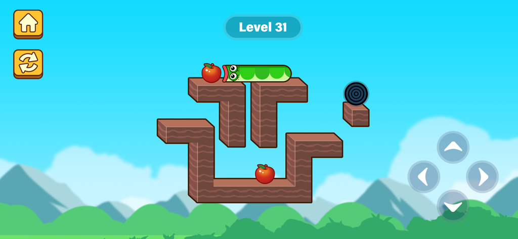 AppleWorm Apple Game - Un personaje de gusano verde en una plataforma marrón en el nivel treinta y uno del juego de puzzles AppleWorm