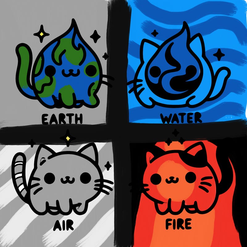 4 cats that represent the different elements, earth, water, air, and fire