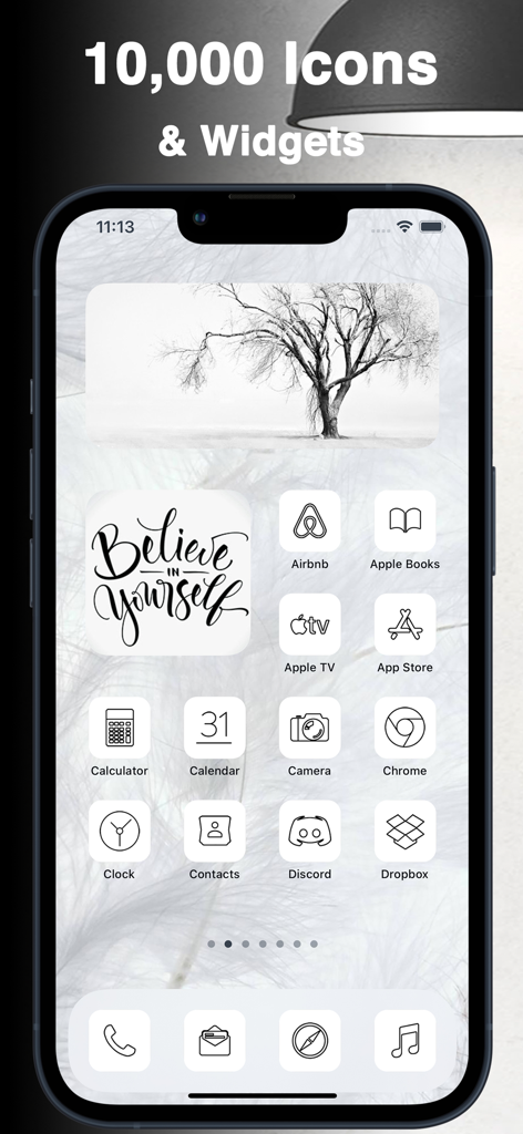 Themery - Widget & Icon Themes - Minimalist black and white iPhone home screen theme featuring custom icons and artistic widgets