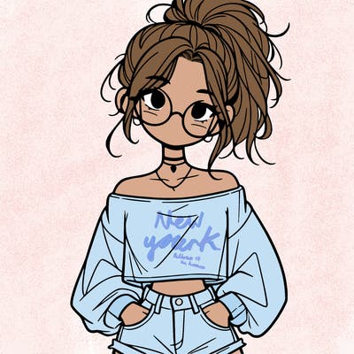 girl with a messy ponytail glasses a baggy crop top and jean shorts
