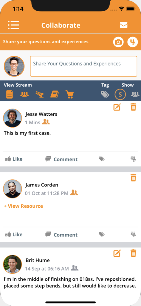 SmileStream: Dentistry - Pantalla de colaboración de la aplicación SmileStream que muestra un foro de profesionales dentales con discusiones de casos clínicos y publicaciones