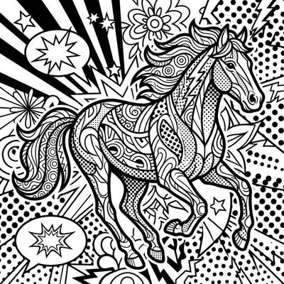 Immerse yourself in the vibrant world of Pop Art with this stunning horse coloring page, crafted specifically for adults. Its intricate details and dynamic composition promise a captivating artistic adventure.