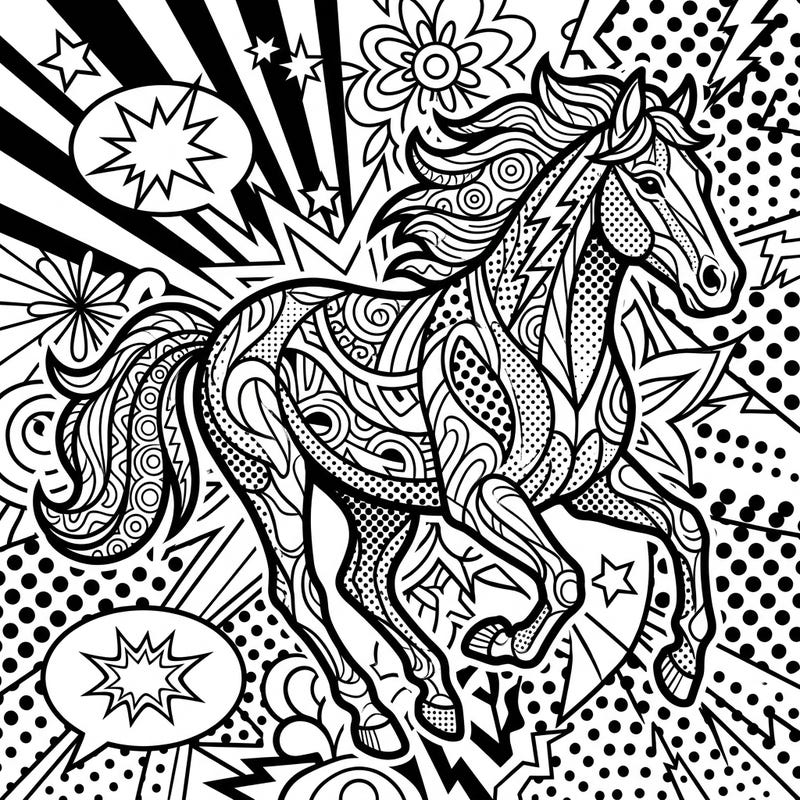 Immerse yourself in the vibrant world of Pop Art with this stunning horse coloring page, crafted specifically for adults. Its intricate details and dynamic composition promise a captivating artistic adventure.